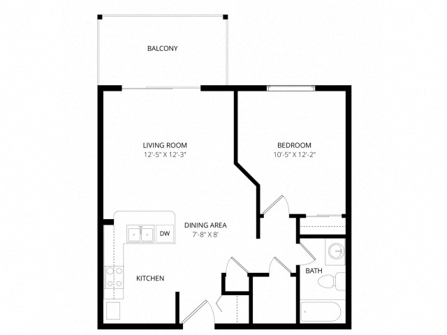 Floor plan for 1 bed, 1 bath, 588 sqft